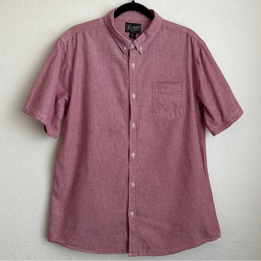 Retrofit Men's Button Up‎ Short Sleeve Collared Cotton Shirt Red XL